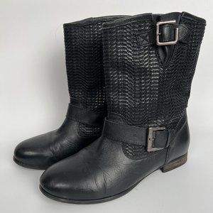 Vintage Woven Leather Moto Biker Boots Short Heel Ankle Booties Western Bohemian